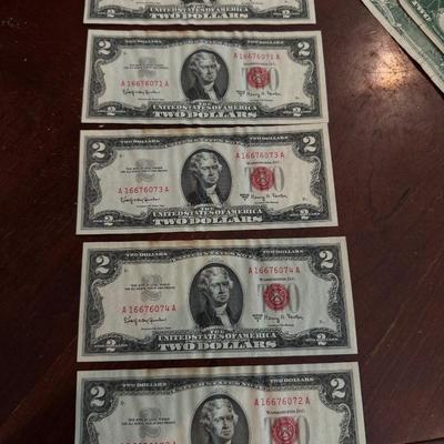 Lot of 5 Two Dollar sequenced bills serial number starts with 1 sequenced