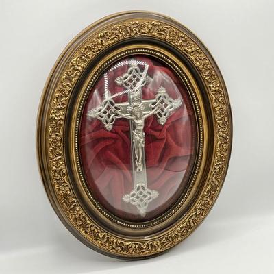 Vtg. Metal Crucifix In Oval Frame