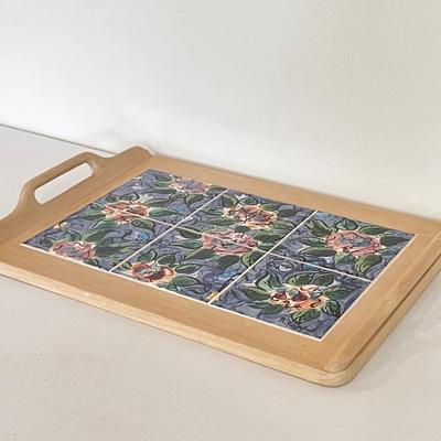 Blue Floral Ceramic Tiles In Solid Oak Serving Tray