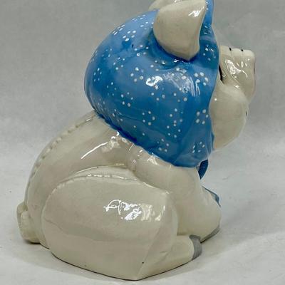 Vintage Ceramic Piggy Bank Pig wearing blue scarf