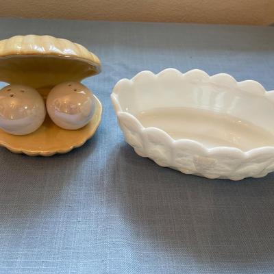 Clam/pearl S&P shakers and milk glass bowl