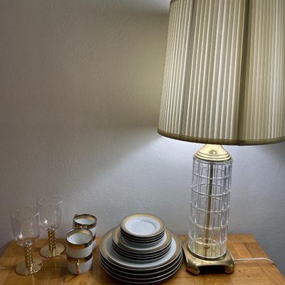 Crystal and gold trim lamp with Fitz & Floyd serving set
