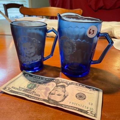 Vintage Hazel Atlas Cobalt Blue Commemorative Shirley Temple Pitcher and Cup