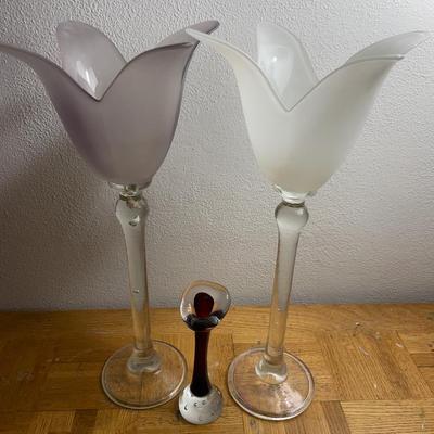 2 tall flower candle holders and red vase