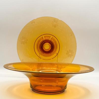 Vtg. Set Of Two (2) Amber Glass Serving Pieces