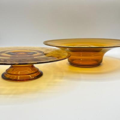 Vtg. Set Of Two (2) Amber Glass Serving Pieces