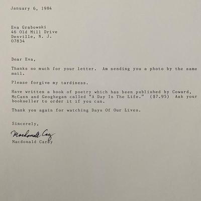 Macdonald Carey signed personal letter