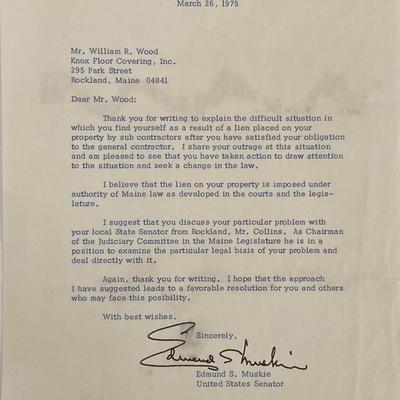 US Senator Edmund S. Muskie signed letter 