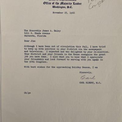 US House of Representatives Carl Albert signed letter 