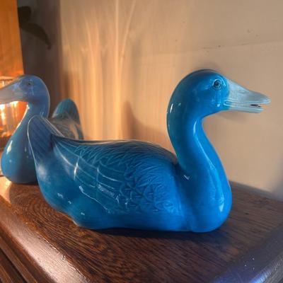 Pair Vintage Glazed Chinese Ceramic Ducks