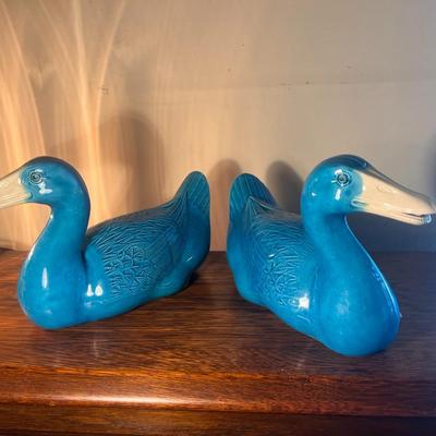 Pair Vintage Glazed Chinese Ceramic Ducks