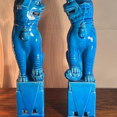 Pair Vintage Chinese 12" Tall Turquoise Blue Porcelain Foo Dogs