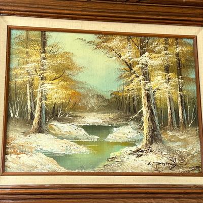 ornate gold frame with pasteral print, 3 oil paintings