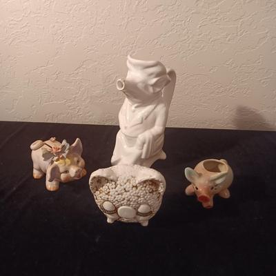 PIG PITCHER, COIN BANKS AND A SUGAR BOWL PIG