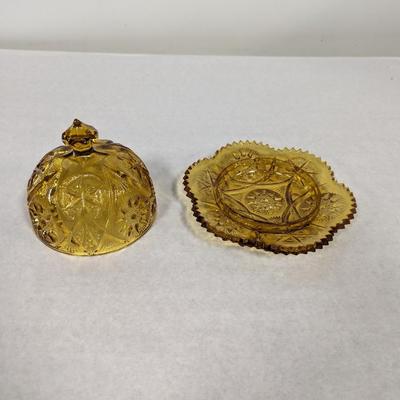 Vintage Amber Glass Covered Butter Cheese Dish