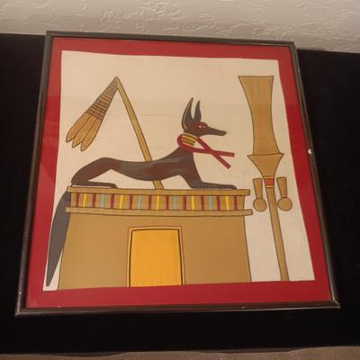VINTAGE EGYPTIAN ANUBIS HAND STITCHED CLOTH TAPESTRY