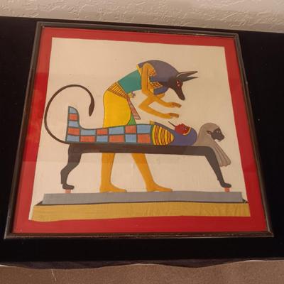 EGYPTIAN HAND STITCHED ANUBIS TENDING MUMMY CLOTH TAPESTRY