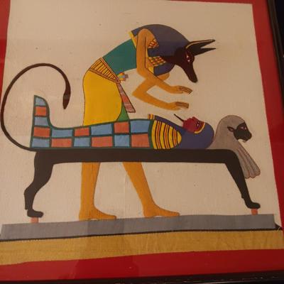 EGYPTIAN HAND STITCHED ANUBIS TENDING MUMMY CLOTH TAPESTRY