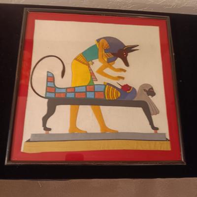 EGYPTIAN HAND STITCHED ANUBIS TENDING MUMMY CLOTH TAPESTRY
