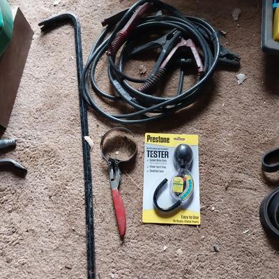 JUMPER CABLES-OIL FILTER REMOVER-LARGE CROWBAR-PRESTONE TESTER