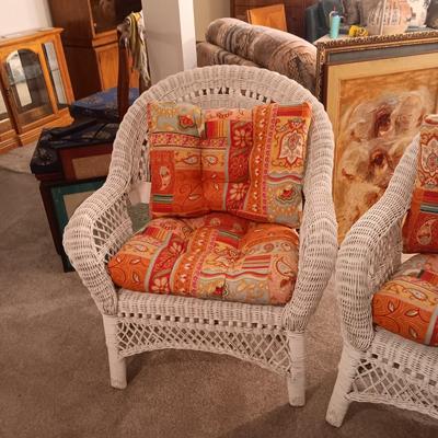 NEW WITH TAG, QUALITY INDOOR WHITE WICKER CHAIR W/CUSHION