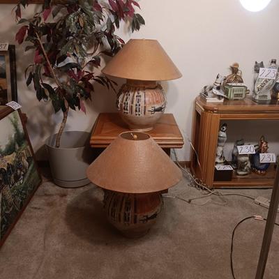 2 HEAVY CLAY TABLE LAMPS WITH RAISED GECKO'S AND DESIGNS ON THE BASE