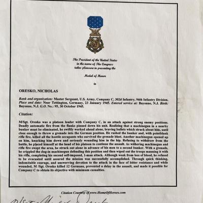 WWII Nicholas Oresko Signed Medal Of Honor Citation