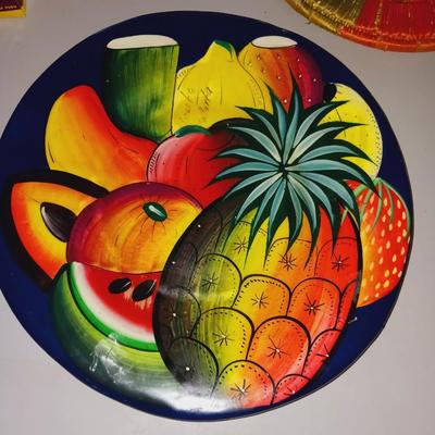 2 COLORFUL HAND PAINTED WALL HANGINGS AND A HOT PAD
