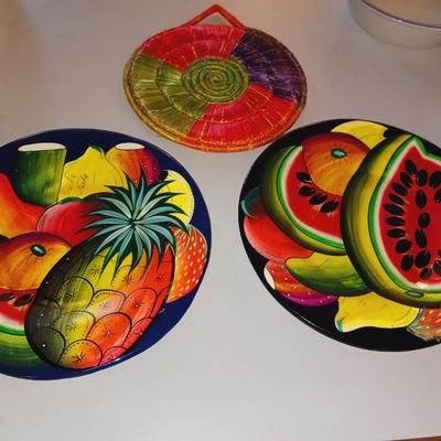 2 COLORFUL HAND PAINTED WALL HANGINGS AND A HOT PAD