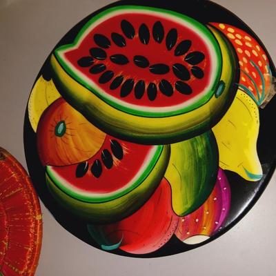 2 COLORFUL HAND PAINTED WALL HANGINGS AND A HOT PAD
