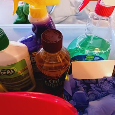 VARIETY OF CLEANING SUPPLIES AND A NEW STEP STOOL