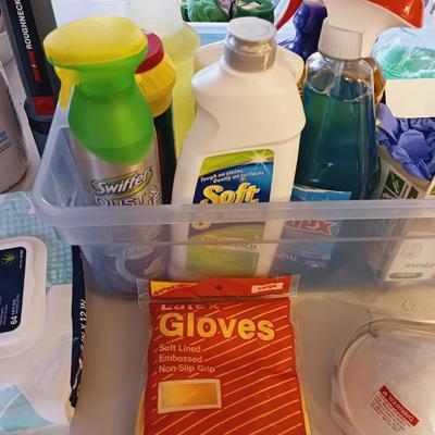 VARIETY OF CLEANING SUPPLIES AND A NEW STEP STOOL