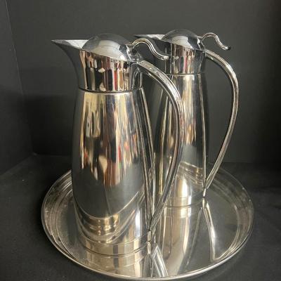 Set of 2 Stainless Steel Coffee Carafes with Tray