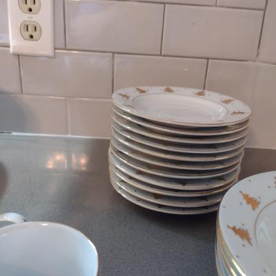 Holiday/Christmas Dinnerware- Tienshan 'Golden Pines' Pattern- Approx 36 Pieces