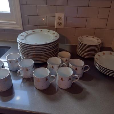 Holiday/Christmas Dinnerware- Tienshan 'Golden Pines' Pattern- Approx 36 Pieces