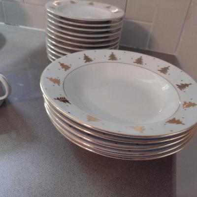Holiday/Christmas Dinnerware- Tienshan 'Golden Pines' Pattern- Approx 36 Pieces