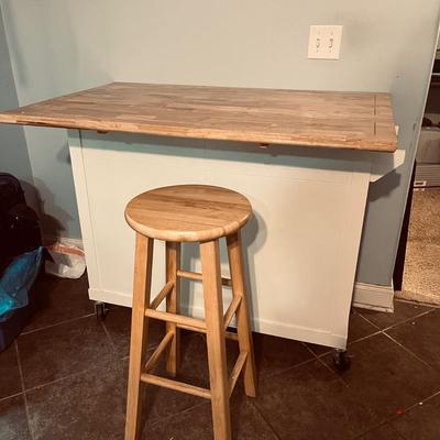 Rolling Kitchen Cart With Drop Leaf Top & Wooden Stool (K-MG)