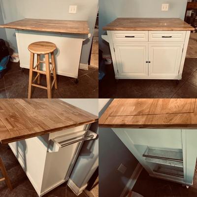 Rolling Kitchen Cart With Drop Leaf Top & Wooden Stool (K-MG)