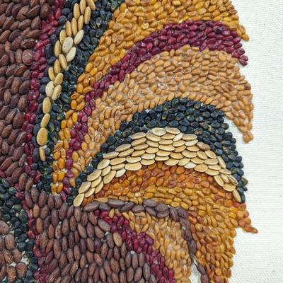 Framed Rooster Made Out Of Beans & Corn