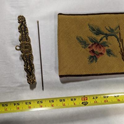 Needlepoint & Petit Mythical Animal & Floral Brown Velvet Backing Bell Pull Monogrammed By Artist