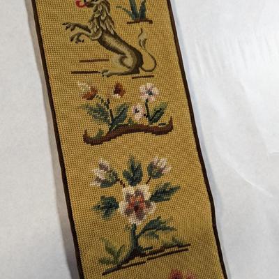 Needlepoint & Petit Mythical Animal & Floral Brown Velvet Backing Bell Pull Monogrammed By Artist
