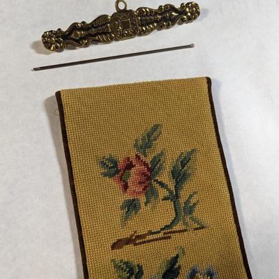 Needlepoint & Petit Mythical Animal & Floral Brown Velvet Backing Bell Pull Monogrammed By Artist