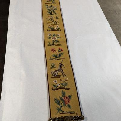 Needlepoint & Petit Mythical Animal & Floral Brown Velvet Backing Bell Pull Monogrammed By Artist