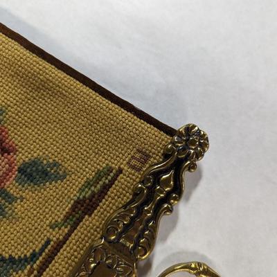 Needlepoint & Petit Mythical Animal & Floral Brown Velvet Backing Bell Pull Monogrammed By Artist