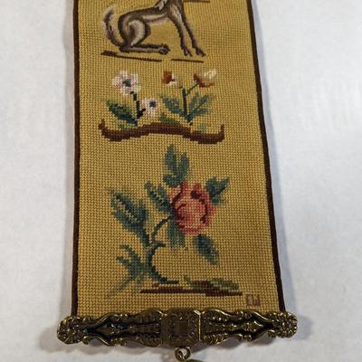 Needlepoint & Petit Mythical Animal & Floral Brown Velvet Backing Bell Pull Monogrammed By Artist