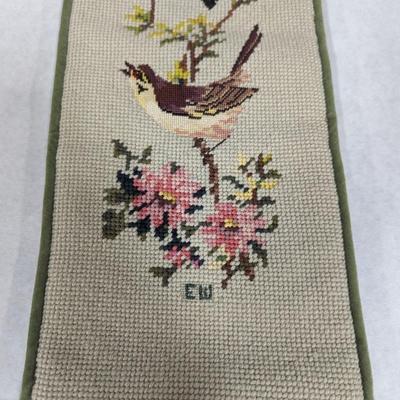 Needlepoint & Petit Point Light Green Birds Flowers Butterflies with Green Velvet Backing Bell Pull Artist Monogram