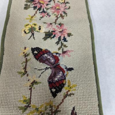Needlepoint & Petit Point Light Green Birds Flowers Butterflies with Green Velvet Backing Bell Pull Artist Monogram