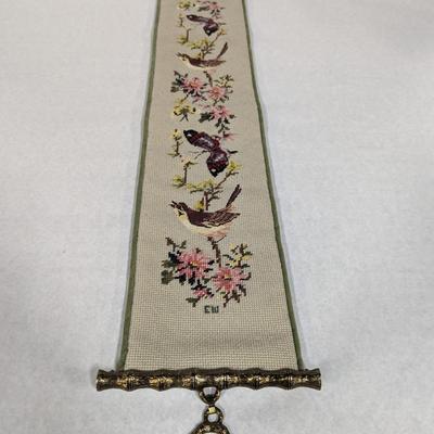 Needlepoint & Petit Point Light Green Birds Flowers Butterflies with Green Velvet Backing Bell Pull Artist Monogram