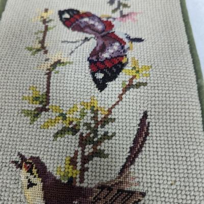 Needlepoint & Petit Point Light Green Birds Flowers Butterflies with Green Velvet Backing Bell Pull Artist Monogram