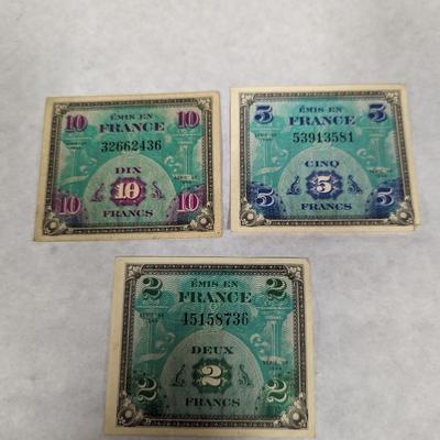 1944 WWII Era France Banknotes Francs 2 - 5 - 10